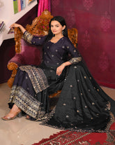 Women's Black Chinon Embroidered Straight Kurta Sharara With Dupatta-MFF-10-BLACK